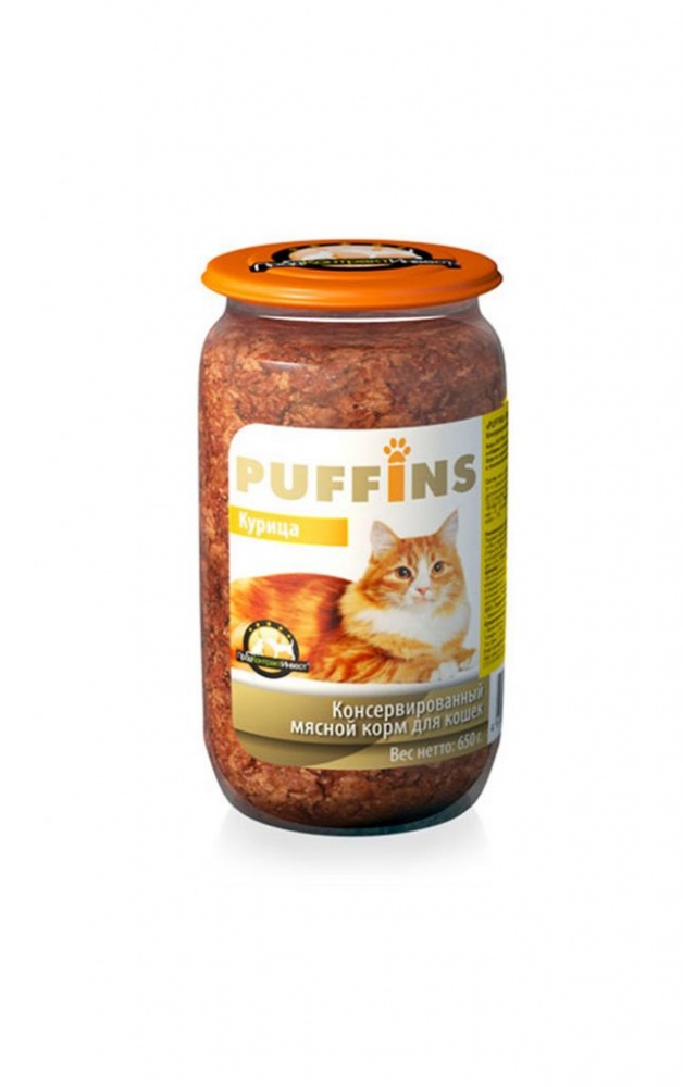 картинка Консервированный корм Пуффинс (Puffins) для кошек, курица, (стеклянная банка), 650 гр. от магазина Зоокалуга