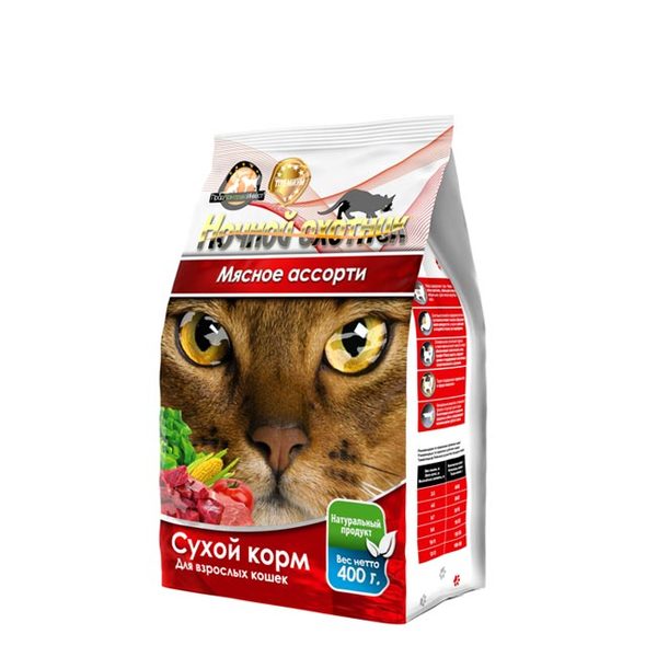 картинка Ночной охотник сухой корм для взрослых  кошек, мясное ассорти, 400 гр. от магазина Зоокалуга