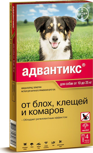 картинка Адвантикс (Advantix) капли на холку от блох и клещей для собак весом 10-25 кг, 2,5 мл. от магазина Зоокалуга