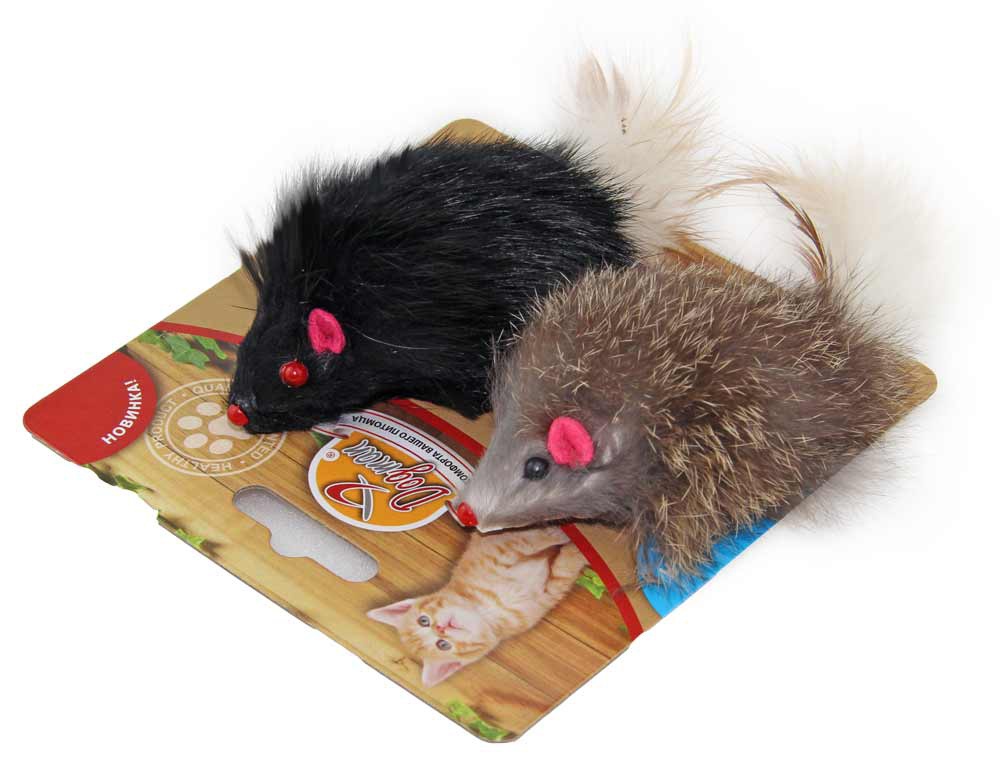 картинка Игрушка для кошек Догман - Мышка гремящая меховая с пером, 2 шт. от магазина Зоокалуга
