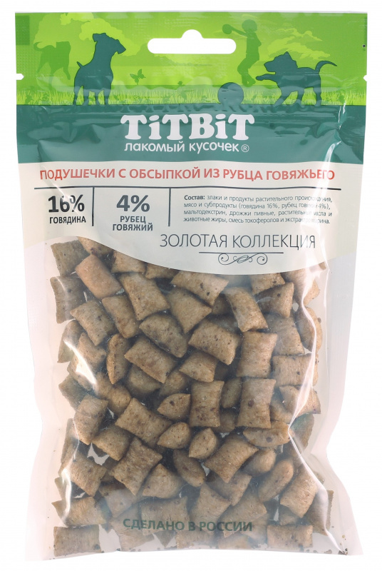 картинка ТитБит Подушечки с обсыпкой из рубца говяжьего для собак, 100 гр. от магазина Зоокалуга