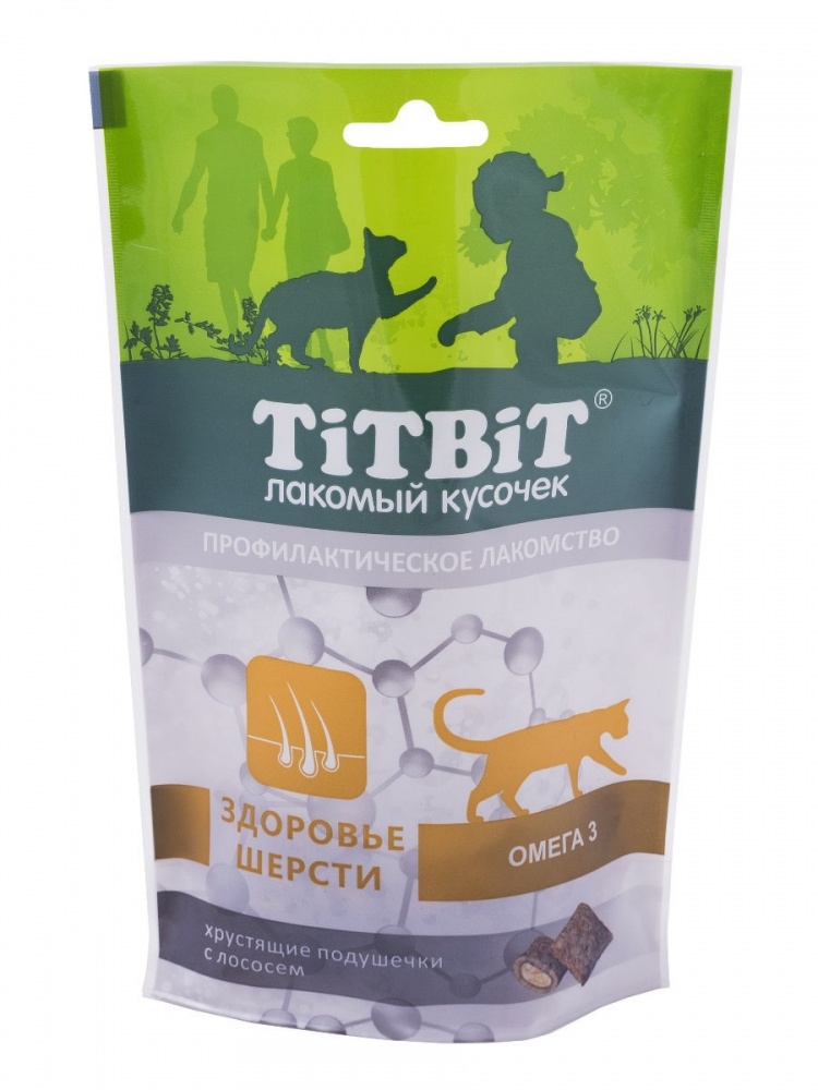 картинка Хрустящие подушечки ТитБит (TiTBiT) для кошек для здоровья шерсти, лосось, 60 гр. от магазина Зоокалуга