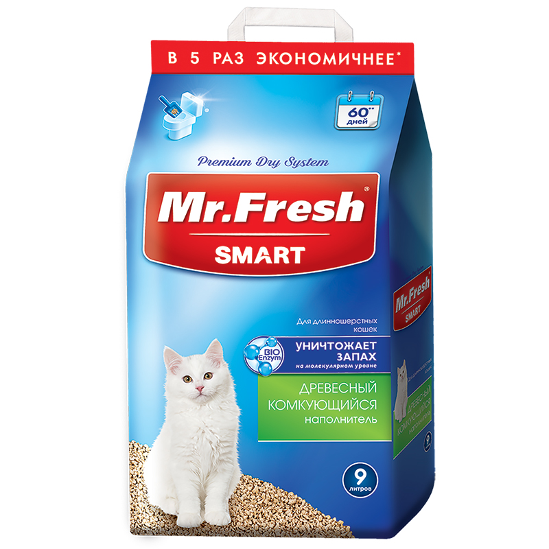 картинка Мистер Фреш Смарт (Mr. Fresh SMART) наполнитель комкующийся для длинношерстных кошек, древесный, 9 л. от магазина Зоокалуга