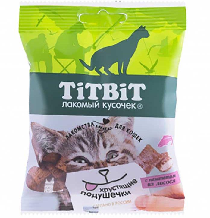 картинка Хрустящие подушечки ТитБит (TiTBiT) для кошек с паштетом из лосося, 30 гр. от магазина Зоокалуга