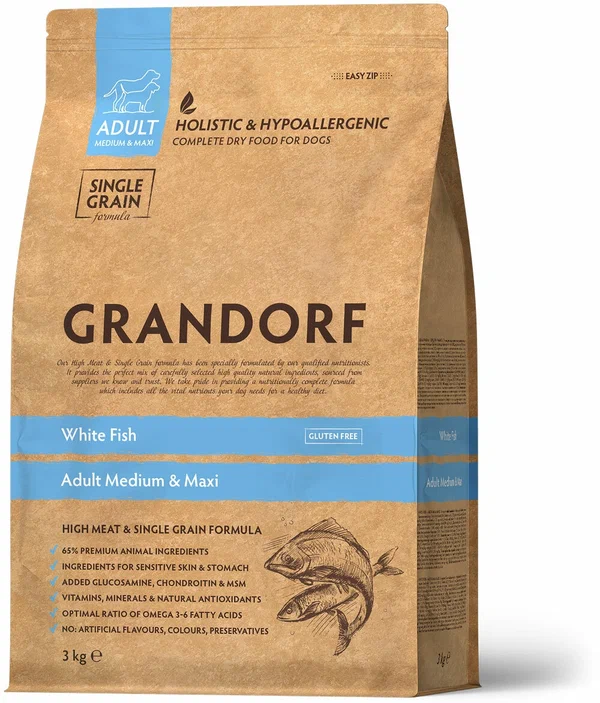 картинка Грандорф Дог (GRANDORF) сухой корм для собак средних и крупных  пород, Белая рыба/рис, 3 кг. от магазина Зоокалуга