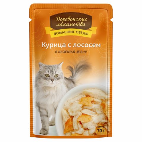 картинка Деревенские лакомства консервированный корм для кошек, курица/лосось в нежном желе, 70 гр. от магазина Зоокалуга