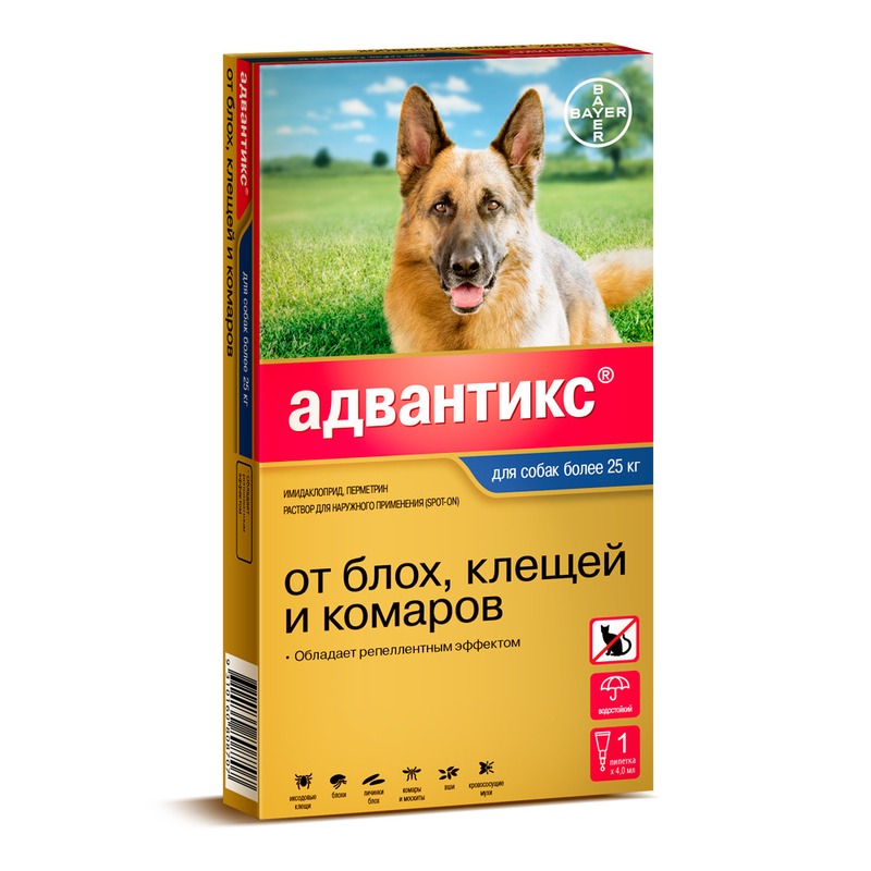 картинка Адвантикс (Advantix) капли на холку от блох и клещей для собак весом более 25 кг, 4 мл. от магазина Зоокалуга