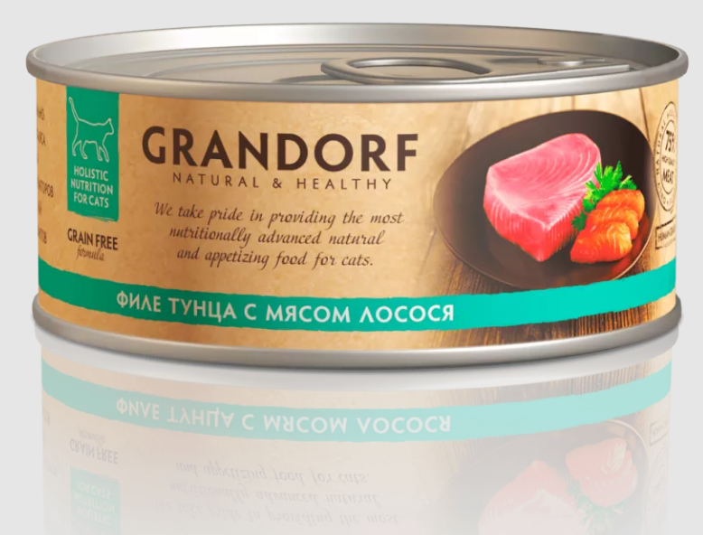 картинка Грандорф Кэт (GRANDORF) консервированный корм для кошек, филе тунца с мясом лосося, 70 гр. от магазина Зоокалуга