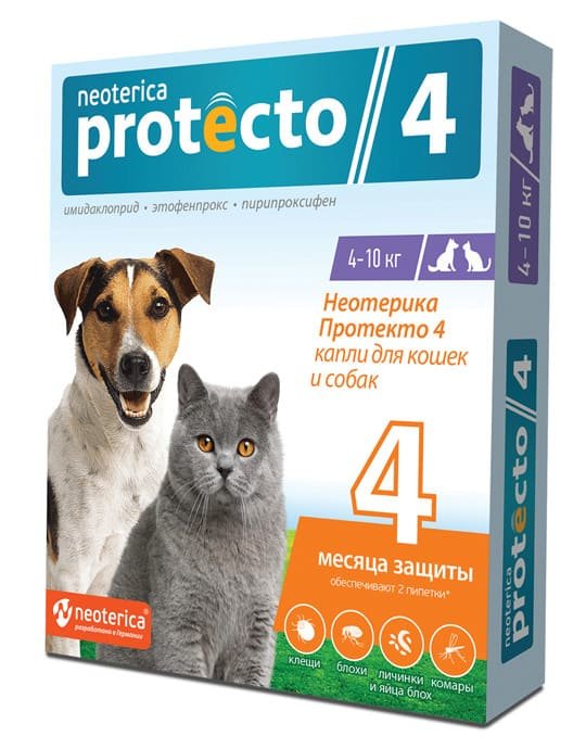 картинка Капли на холку Протекто (Neoterica Protecto) против блох и клещей для кошек и собак весом 4-10 кг. от магазина Зоокалуга