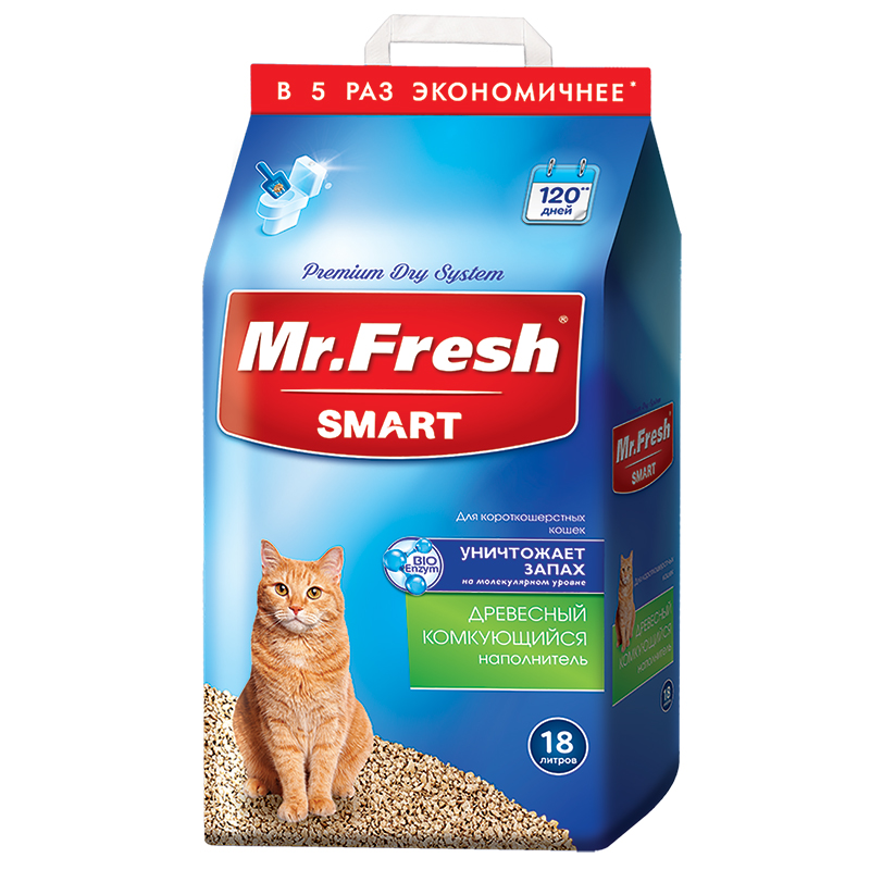 картинка Мистер Фреш Смарт (Mr. Fresh SMART) наполнитель комкующийся для короткошерстных кошек, древесный, 18 л. от магазина Зоокалуга