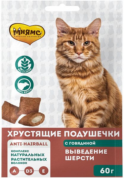 картинка Мнямс хрустящие подушечки для кошек "Выведение шерсти", 60 гр. от магазина Зоокалуга