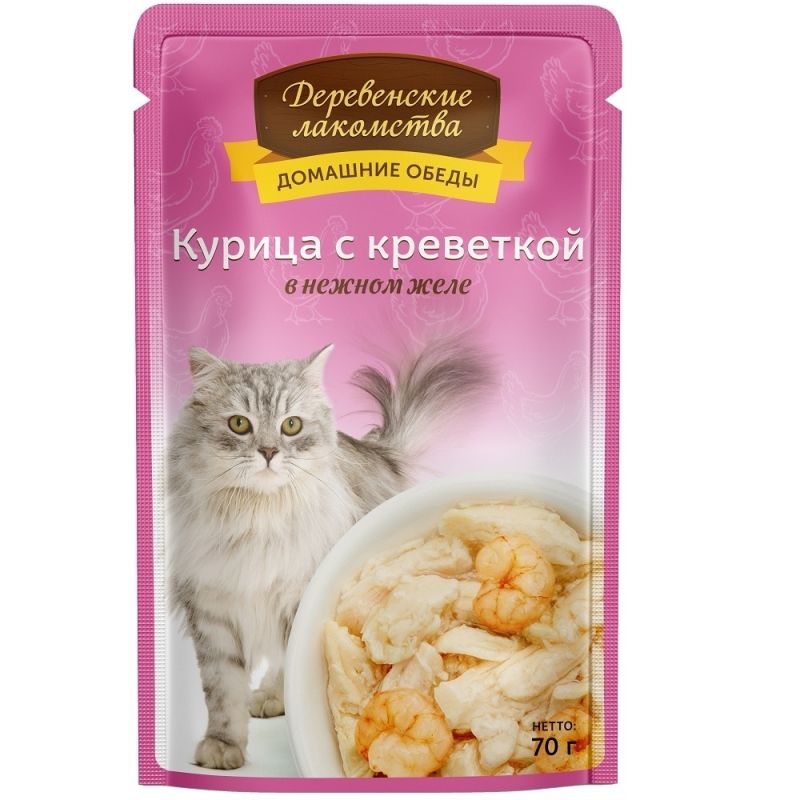 картинка Деревенские лакомства консервированный корм для кошек, курица/креветка в нежном желе, 70 гр. от магазина Зоокалуга