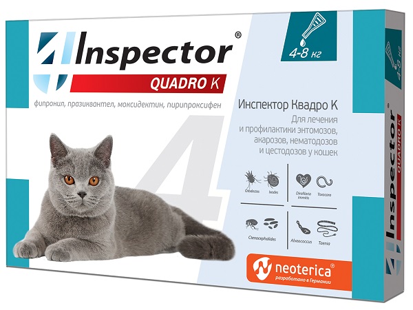 картинка Инспектор (Inspector Quadro K) капли на холку антипаразитарные для кошек весом от 4 кг до 8 кг. от магазина Зоокалуга