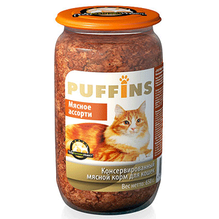 картинка Консервированный корм Пуффинс (Puffins) для кошек, мясное ассорти,  (стеклянная банка), 650 гр. от магазина Зоокалуга