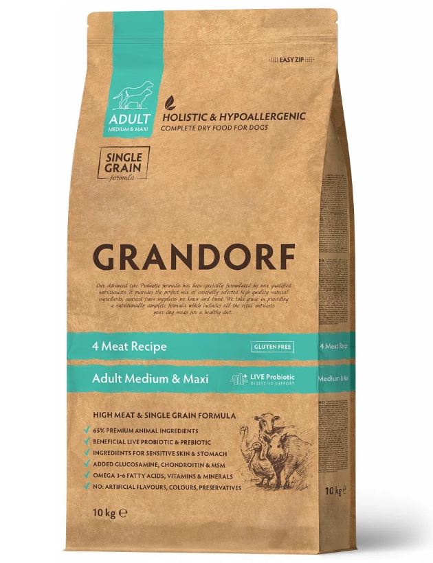 картинка Грандорф Дог (GRANDORF) сухой корм для собак средних и крупных пород, 4 мяса/рис/пробиотики, 10 кг. от магазина Зоокалуга