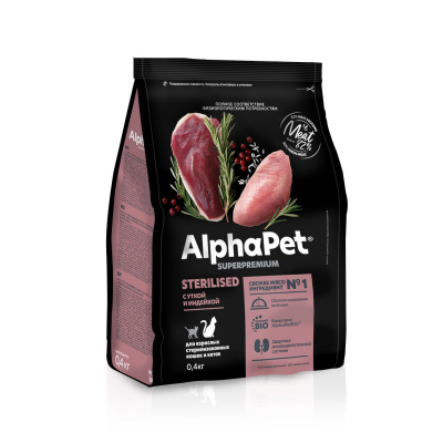 картинка АльфаПет (AlphaPet) Суперпремиум 0,4 кг для стерилизованных кошек, утка/индейка, 1*14 от магазина Зоокалуга