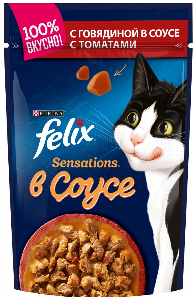 картинка Консервированный корм Феликс для кошек, говядина/томат в соусе, 85 гр. от магазина Зоокалуга