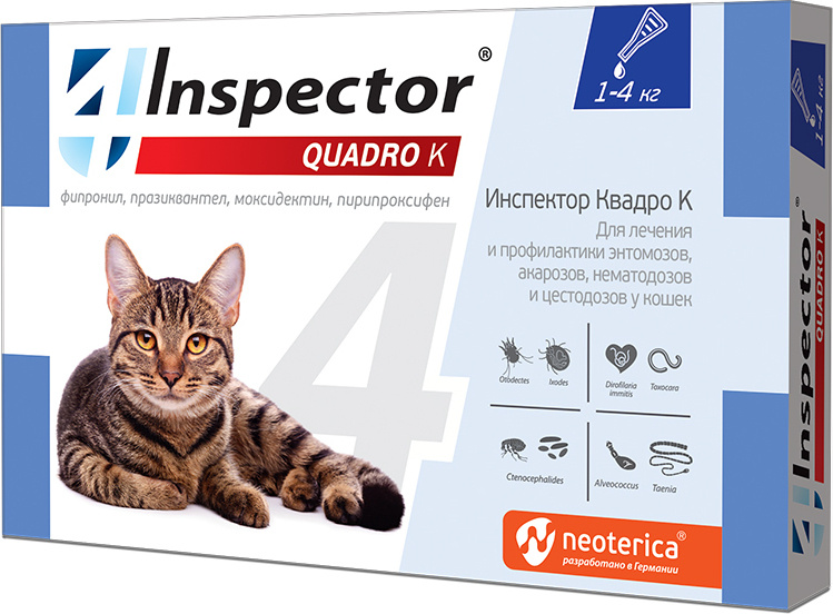картинка Инспектор (Inspector Quadro K) капли на холку антипаразитарные для кошек весом до 4 кг. от магазина Зоокалуга