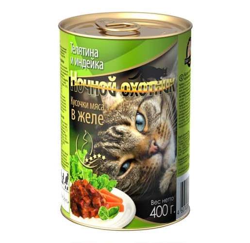 картинка Ночной охотник консервированный корм для кошек, телятина/индейка в желе, 400 гр. от магазина Зоокалуга
