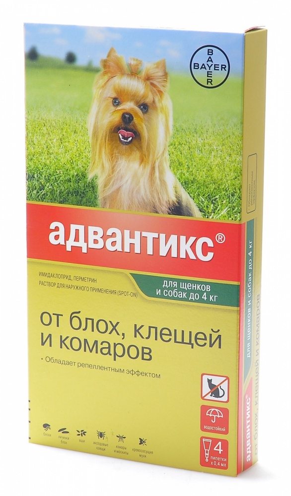 картинка Адвантикс (Advantix) капли на холку от блох и клещей для собак весом до 4 кг,0,4 мл. от магазина Зоокалуга