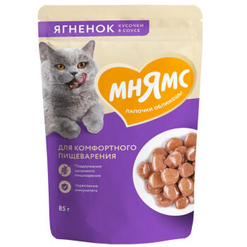 картинка Мнямс 85 гр. для комфортного пищеварения кошки, кусочки в соусе с ягненком 1*24 от магазина Зоокалуга
