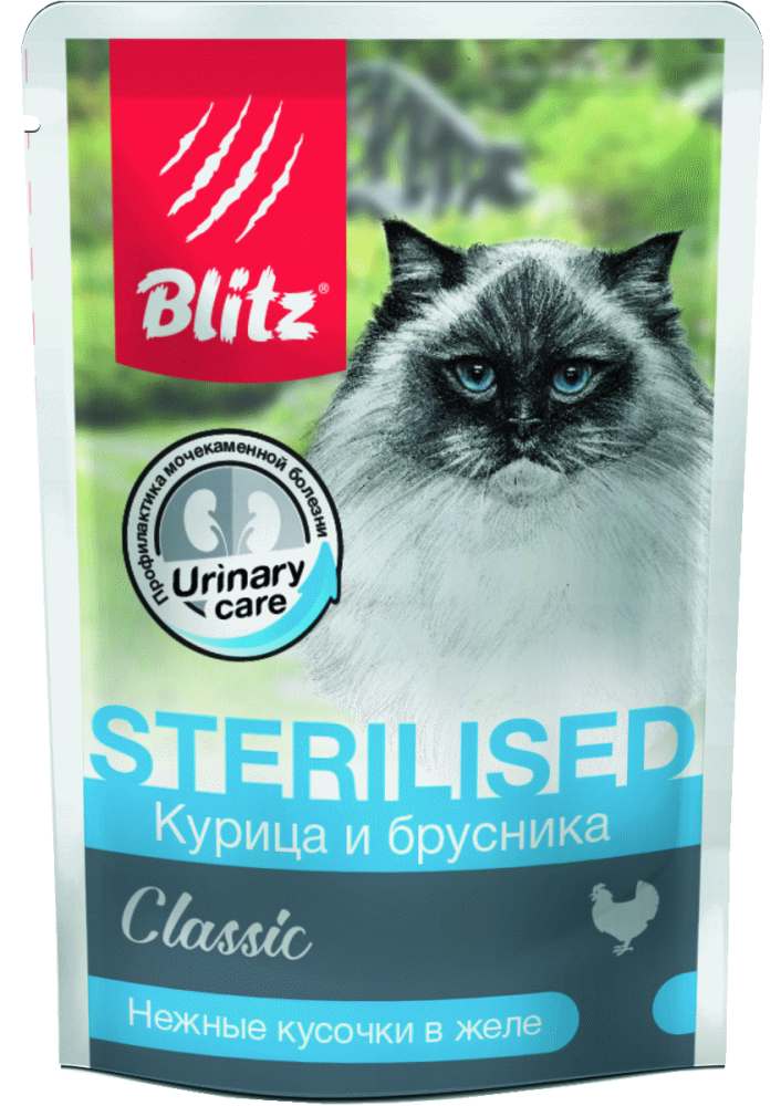картинка Блитц (Blitz) 85 гр. пауч для  стерилизованных  кошек, Курица/брусника, в желе 1*24 от магазина Зоокалуга