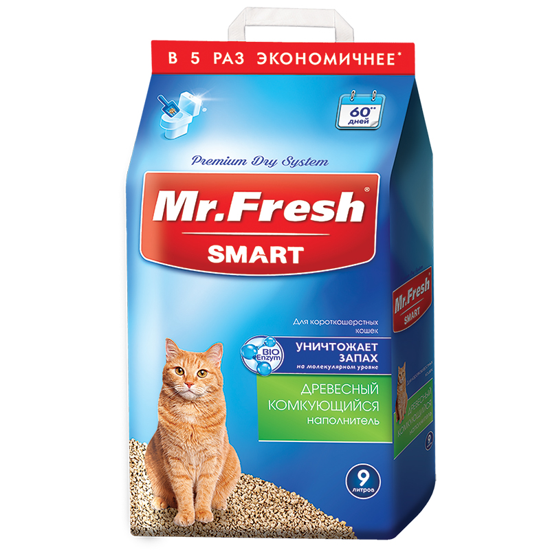 картинка Мистер Фреш Смарт (Mr. Fresh SMART) наполнитель комкующийся для короткошерстных кошек, древесный, 9 л. от магазина Зоокалуга