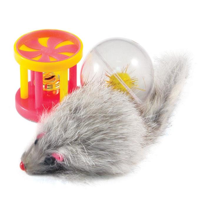 картинка Игрушка Триол (Triol) для кошек - набор (меховая мышь+мяч-погр+барабан) XW0316 от магазина Зоокалуга