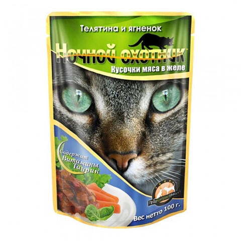 картинка Ночной охотник консервированный корм для кошек, телятина/ягненок в желе, 100 гр. от магазина Зоокалуга