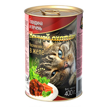 картинка Ночной охотник консервированный корм для кошек, говядина/печень в желе, 400 гр. от магазина Зоокалуга