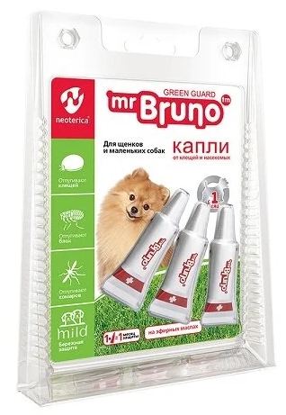 картинка Капли Мистер Бруно (Mr. Bruno) для ухода за шерстью и отпугивания насекомых для щенков и мелких собак, 3 шт. от магазина Зоокалуга