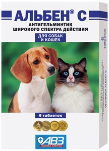 картинка Таблетки Альбен "С" против гельминтов для кошек и собак, 6 таблеток от магазина Зоокалуга