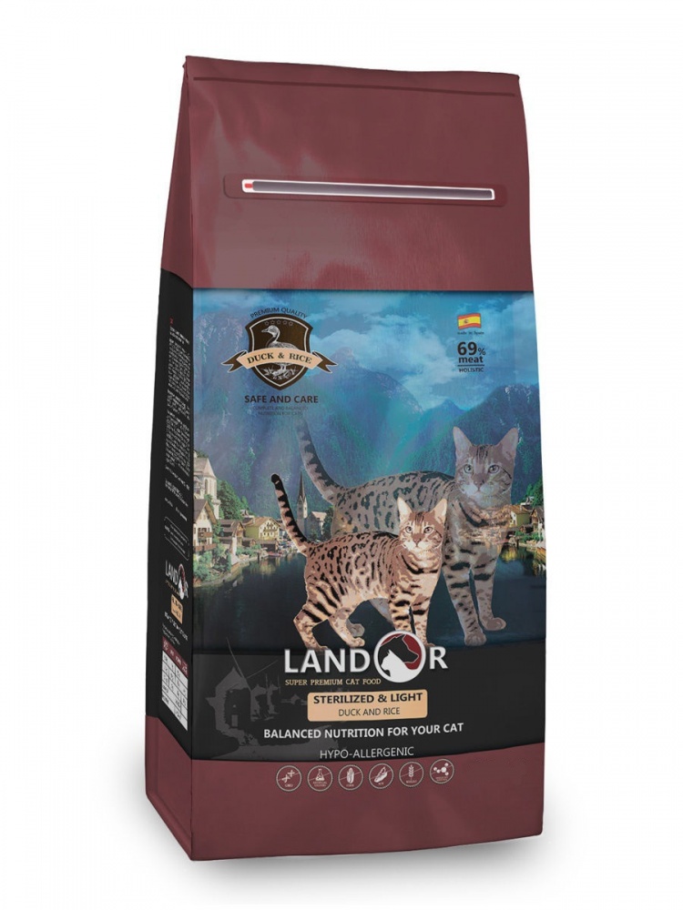 картинка Ландор (Landor) сухой корм для стерилизованных кошек, склонных к ожирению, утка/рис, 10 кг. от магазина Зоокалуга