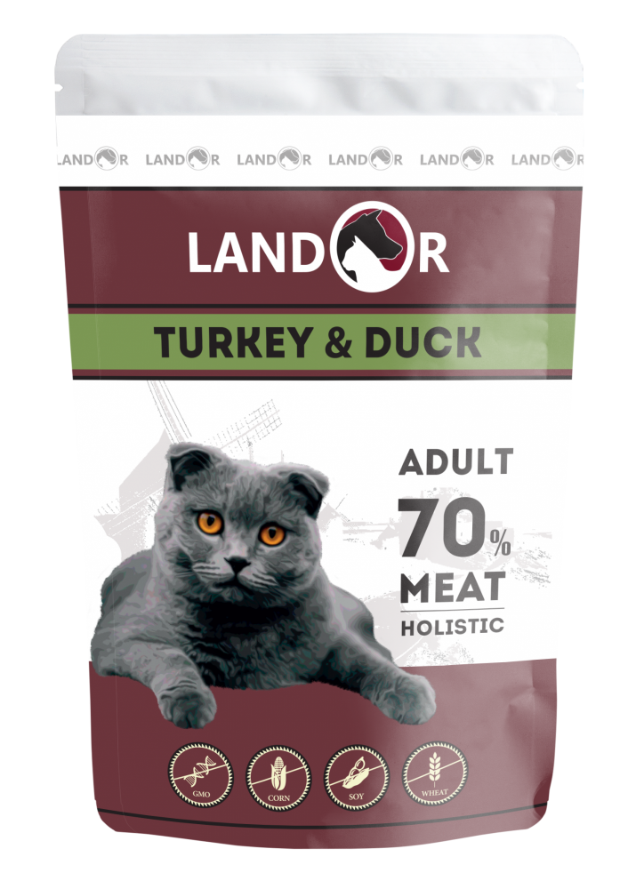 картинка Корм консервированный Ландор (Landor) для кошек, индейка/утка, 85 гр. от магазина Зоокалуга