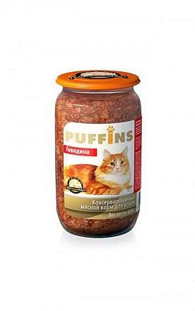 картинка Консервированный корм Пуффинс (Puffins) для кошек, говядина, (стеклянная банка), 650 гр. от магазина Зоокалуга