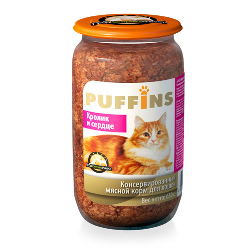 картинка Консервированный корм Пуффинс (Puffins) для кошек, кролик/сердце, (стеклянная банка), 650 гр. от магазина Зоокалуга
