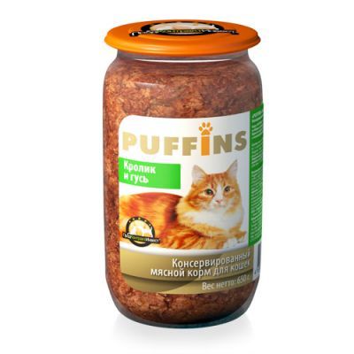 картинка Консервированный корм Пуффинс (Puffins) для кошек, кролик/гусь, (стеклянная банка), 650 гр. от магазина Зоокалуга