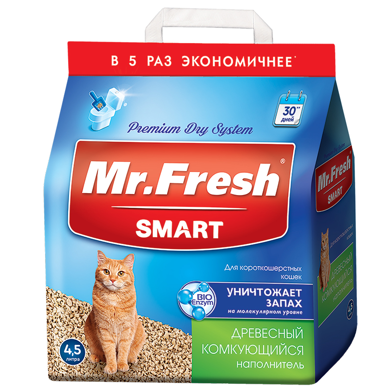 картинка Мистер Фреш Смарт (Mr. Fresh SMART) наполнитель комкующийся для короткошерстных кошек, древесный, 4,5 л. от магазина Зоокалуга